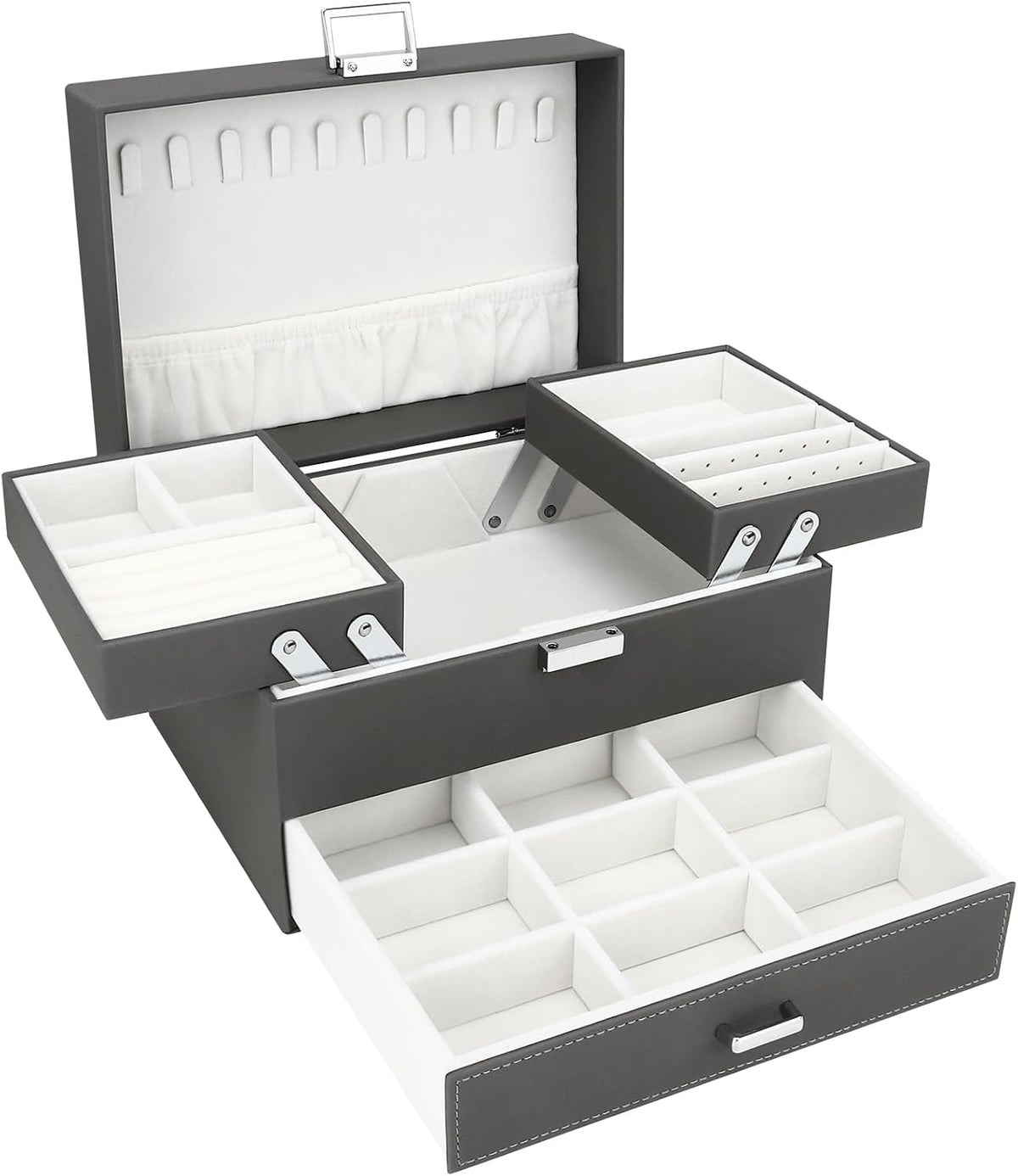Jewellery Box Organiser, 3 Layer PU Leather Jewellery Case, Large Jewellery Organiser with Drawer, Jewellery Storage Case for Necklaces Earrings Bracelets and Rings, Grey