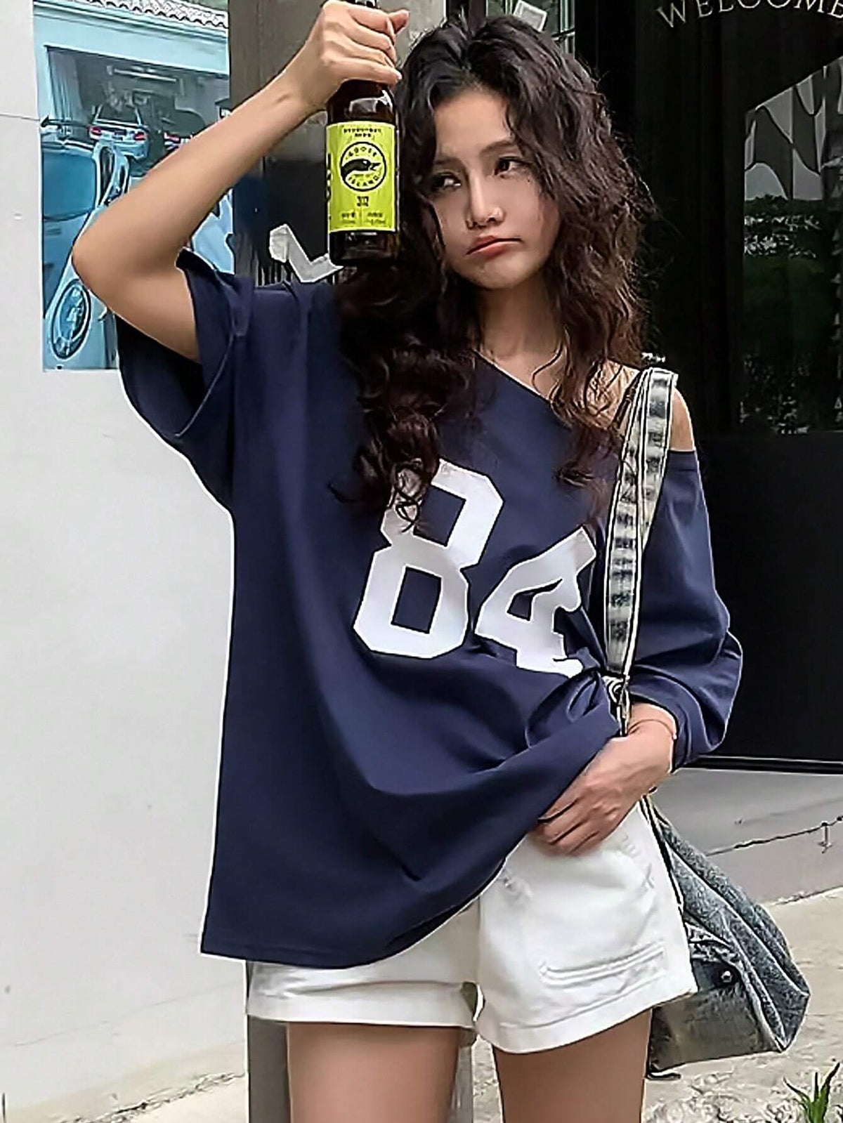 INAWLY Asymmetric Neckline Digital Print Summer Casual T-Shirt Graphic Tees Women Tops