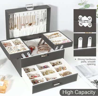 Jewellery Box Organiser, 3 Layer PU Leather Jewellery Case, Large Jewellery Organiser with Drawer, Jewellery Storage Case for Necklaces Earrings Bracelets and Rings, Grey