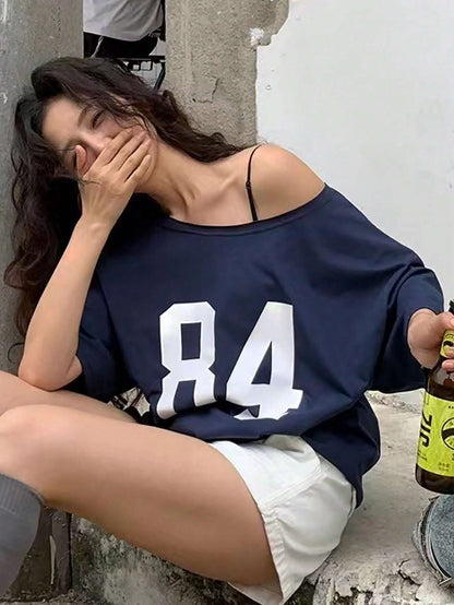 INAWLY Asymmetric Neckline Digital Print Summer Casual T-Shirt Graphic Tees Women Tops