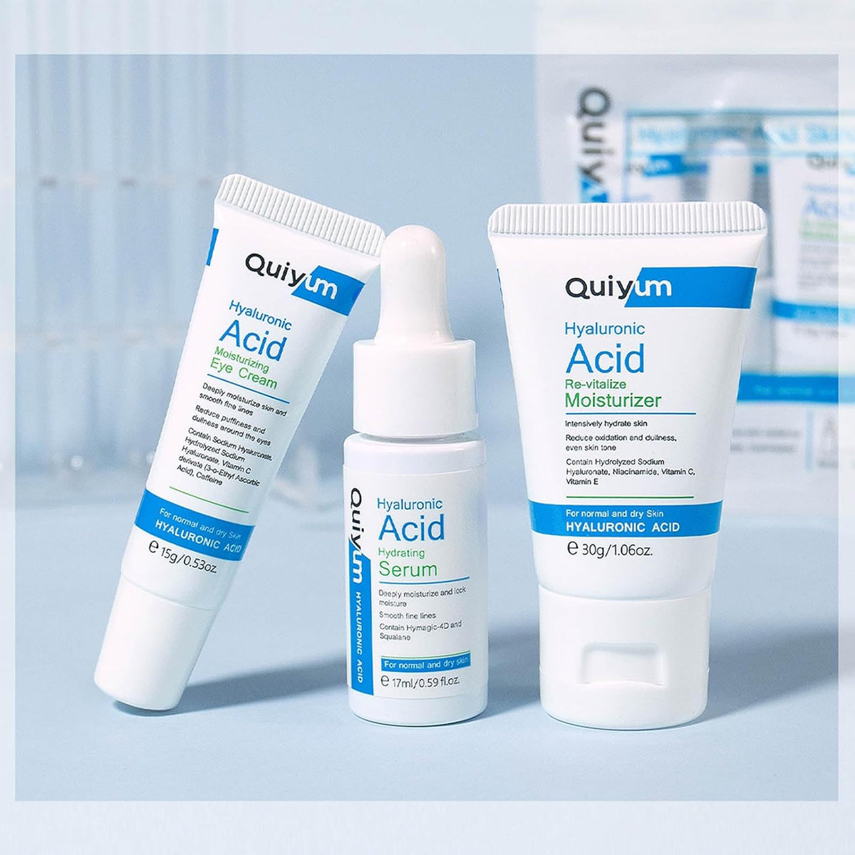 Hyaluronic Acid Skincare Set 3-Piece Travel Size Skincare Set with Facial Serum Eye Cream and Moisturiser Intensely Hydrate Smooth Fine Lines Enhance Skin Radiance for Normal and Dry Skin