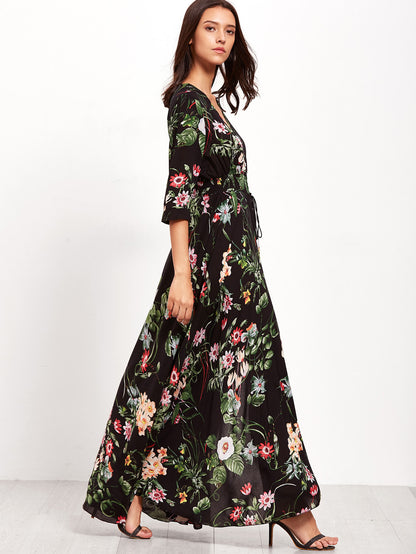 Shirred Waist Button through Floral Maxi Dress