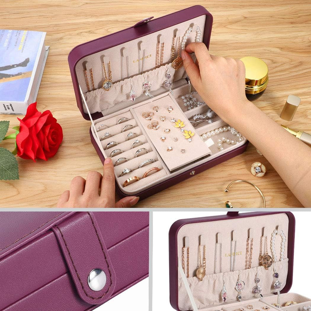 Jewellery Box Small Jewellery Organiser for Women Girls, PU Leather Travel Jewellery Storage Case, Portable Jewellery Holder for Ring Earrings Necklace Bracelet, Jewellery Gift Box,Purple