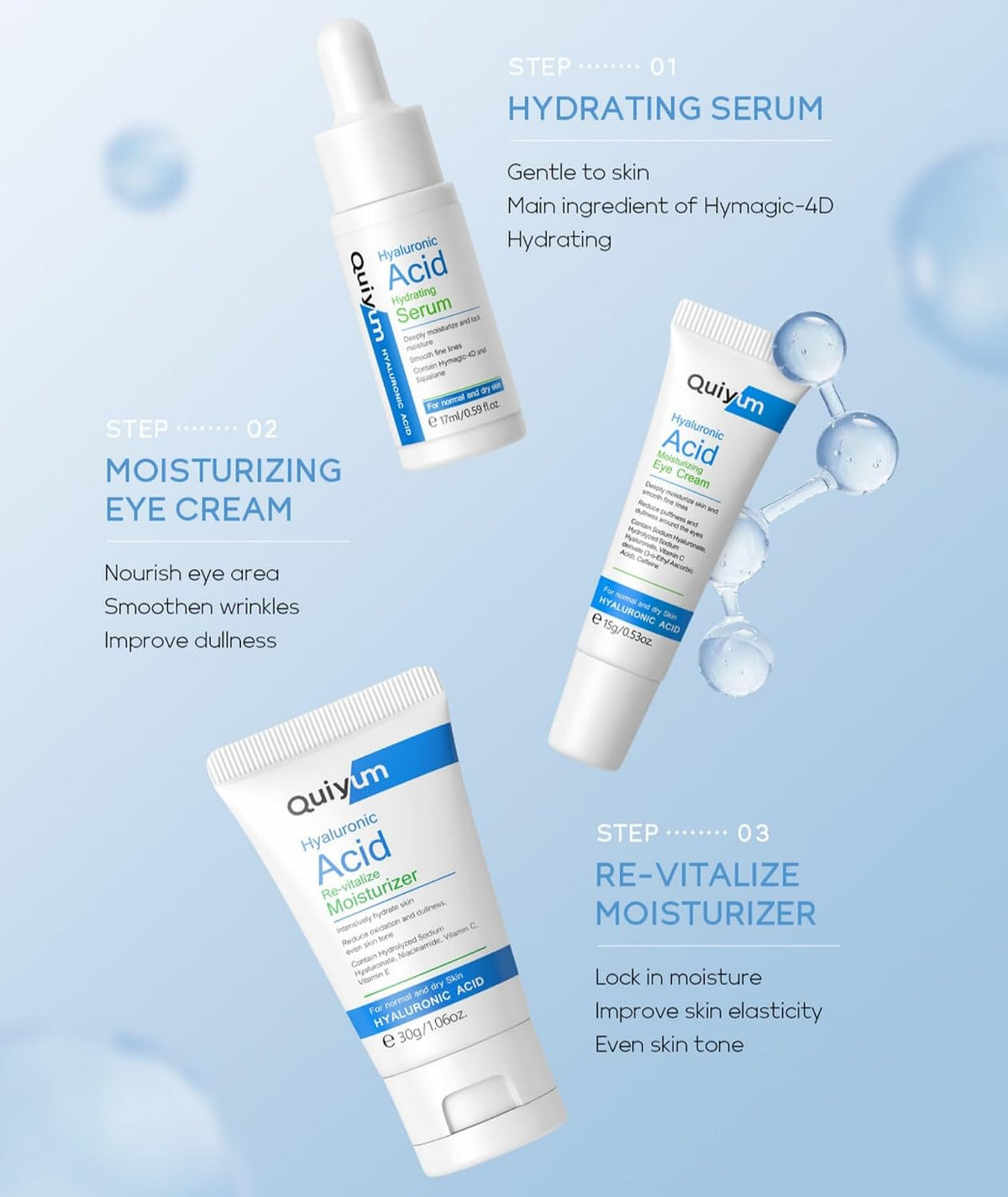 Hyaluronic Acid Skincare Set 3-Piece Travel Size Skincare Set with Facial Serum Eye Cream and Moisturiser Intensely Hydrate Smooth Fine Lines Enhance Skin Radiance for Normal and Dry Skin