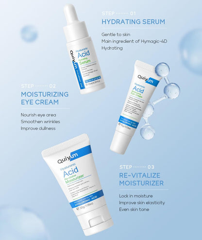 Hyaluronic Acid Skincare Set 3-Piece Travel Size Skincare Set with Facial Serum Eye Cream and Moisturiser Intensely Hydrate Smooth Fine Lines Enhance Skin Radiance for Normal and Dry Skin