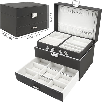 Jewellery Box Organiser, 3 Layer PU Leather Jewellery Case, Large Jewellery Organiser with Drawer, Jewellery Storage Case for Necklaces Earrings Bracelets and Rings, Grey