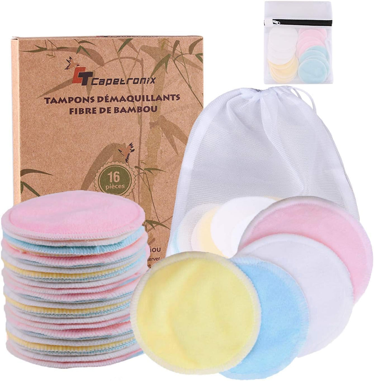 Bamboo Fiber Makeup Remover Pads-Washable Makeup Remover Cotton Pads-16Pcs+ 2 Washing Bags-Soft Bamboo Fiber Material-Washable and Reusable」Anti-Bacteria、Biodegradable Packaging