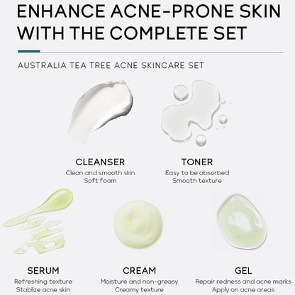 Tea Tree Skincare Set Gifts for Women & Men, Acne Treatment Tea Tree Oil Spot and Blackheads Remover Includes-Cleaner,Face Serum, Acne Gel,Toner,Moisturiser for Acne Removal Oil Control