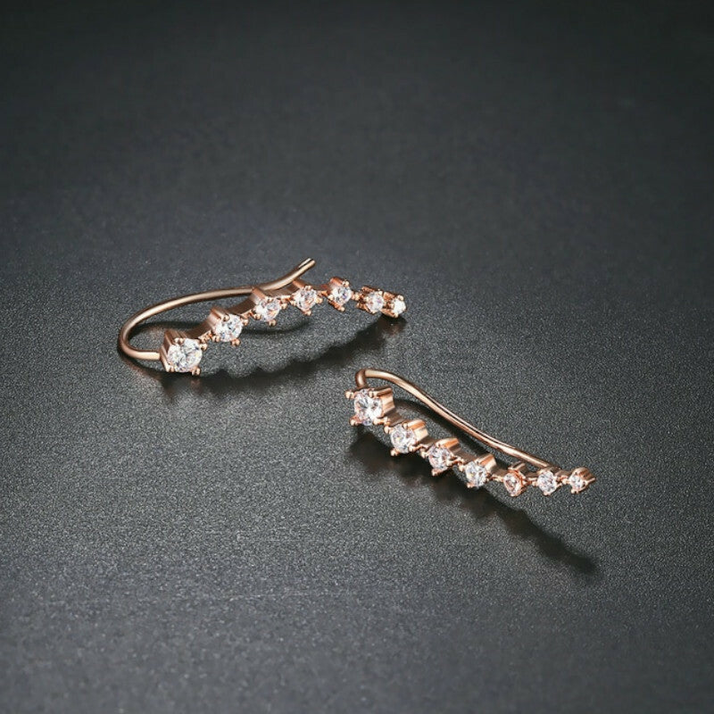 Long Bar Ear Cuff Climber CZ Stud Earrings 925 Sterling Silver Plated Rose Gold