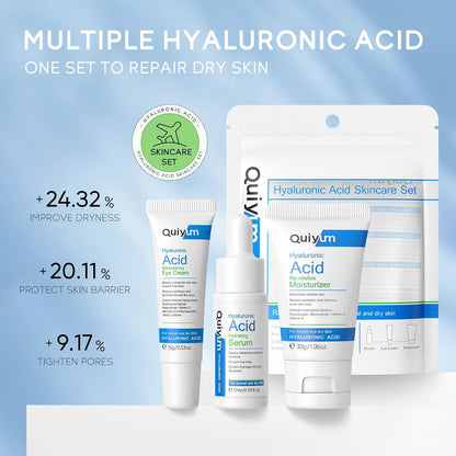 Hyaluronic Acid Skincare Set 3-Piece Travel Size Skincare Set with Facial Serum Eye Cream and Moisturiser Intensely Hydrate Smooth Fine Lines Enhance Skin Radiance for Normal and Dry Skin
