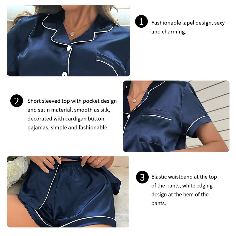 Summer Silk Satin Women Pajamas Set Button down Top & Shorts 2 Pieces Sleepwear Notched Collar Nightwear Loungewear for Women