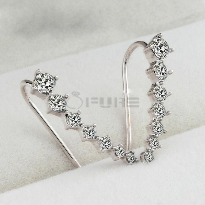 Long Bar Ear Cuff Climber CZ Stud Earrings 925 Sterling Silver Plated Rose Gold