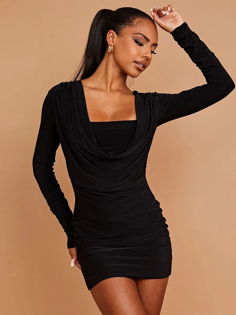 Womens Ladies Long Sleeves Sexy Ruched Slinky Drape Halter Cowl Party Mini Dress