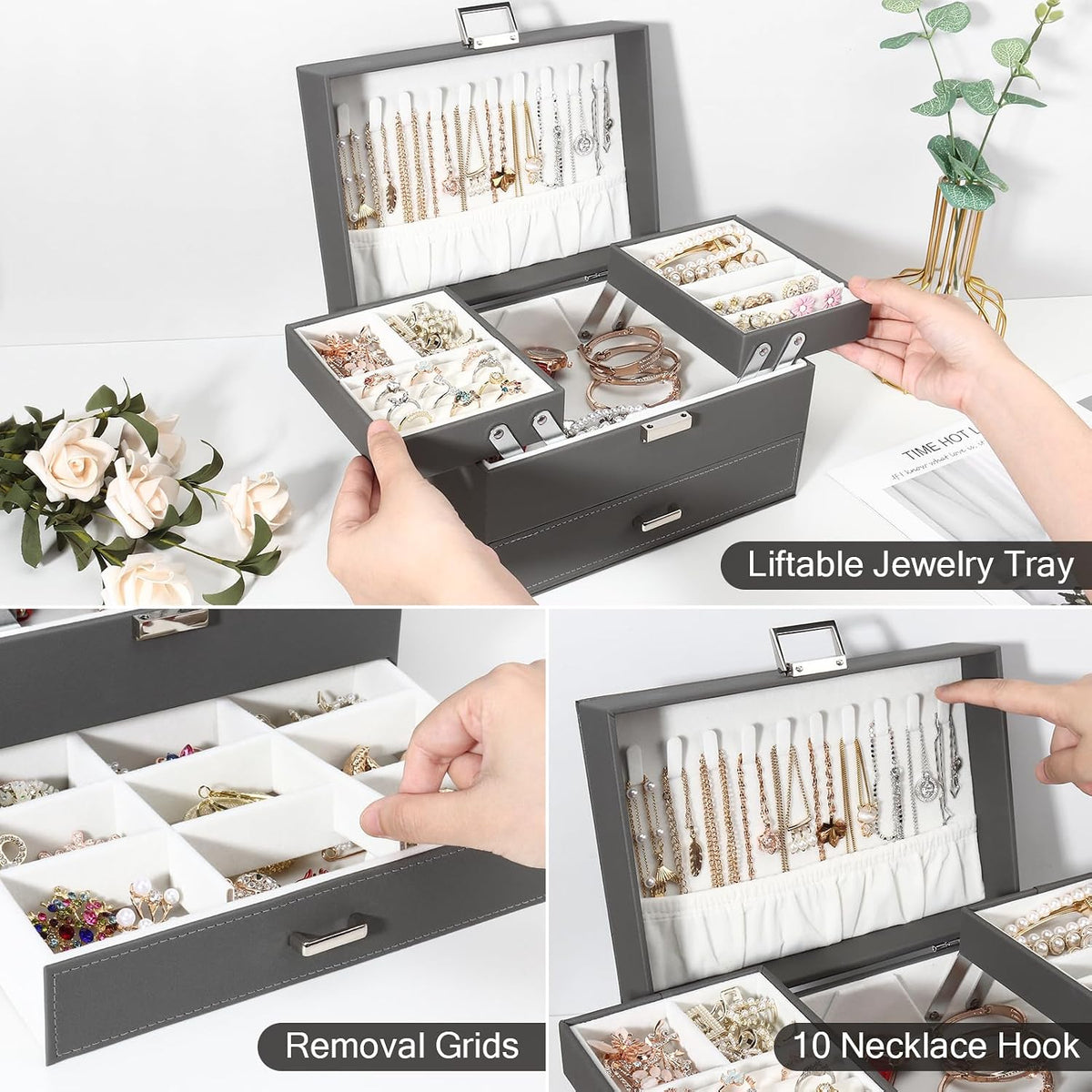 Jewellery Box Organiser, 3 Layer PU Leather Jewellery Case, Large Jewellery Organiser with Drawer, Jewellery Storage Case for Necklaces Earrings Bracelets and Rings, Grey