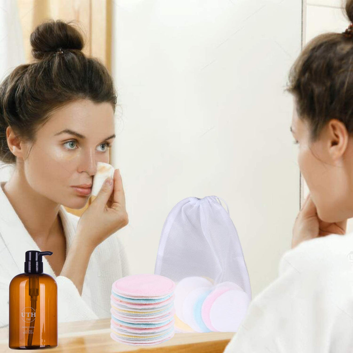 Bamboo Fiber Makeup Remover Pads-Washable Makeup Remover Cotton Pads-16Pcs+ 2 Washing Bags-Soft Bamboo Fiber Material-Washable and Reusable」Anti-Bacteria、Biodegradable Packaging