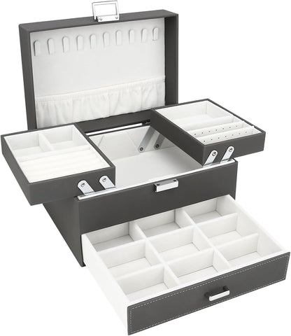 Jewellery Box Organiser, 3 Layer PU Leather Jewellery Case, Large Jewellery Organiser with Drawer, Jewellery Storage Case for Necklaces Earrings Bracelets and Rings, Grey