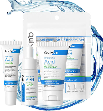 Hyaluronic Acid Skincare Set 3-Piece Travel Size Skincare Set with Facial Serum Eye Cream and Moisturiser Intensely Hydrate Smooth Fine Lines Enhance Skin Radiance for Normal and Dry Skin
