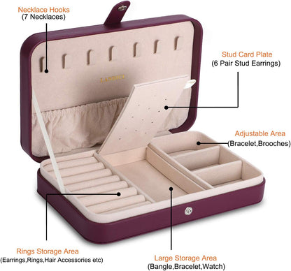 Jewellery Box Small Jewellery Organiser for Women Girls, PU Leather Travel Jewellery Storage Case, Portable Jewellery Holder for Ring Earrings Necklace Bracelet, Jewellery Gift Box,Purple