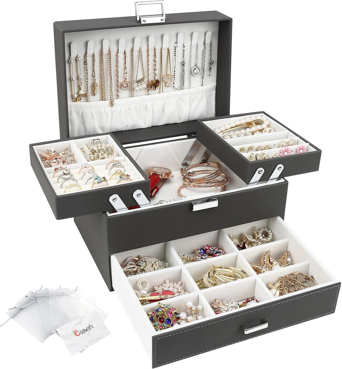 Jewellery Box Organiser, 3 Layer PU Leather Jewellery Case, Large Jewellery Organiser with Drawer, Jewellery Storage Case for Necklaces Earrings Bracelets and Rings, Grey