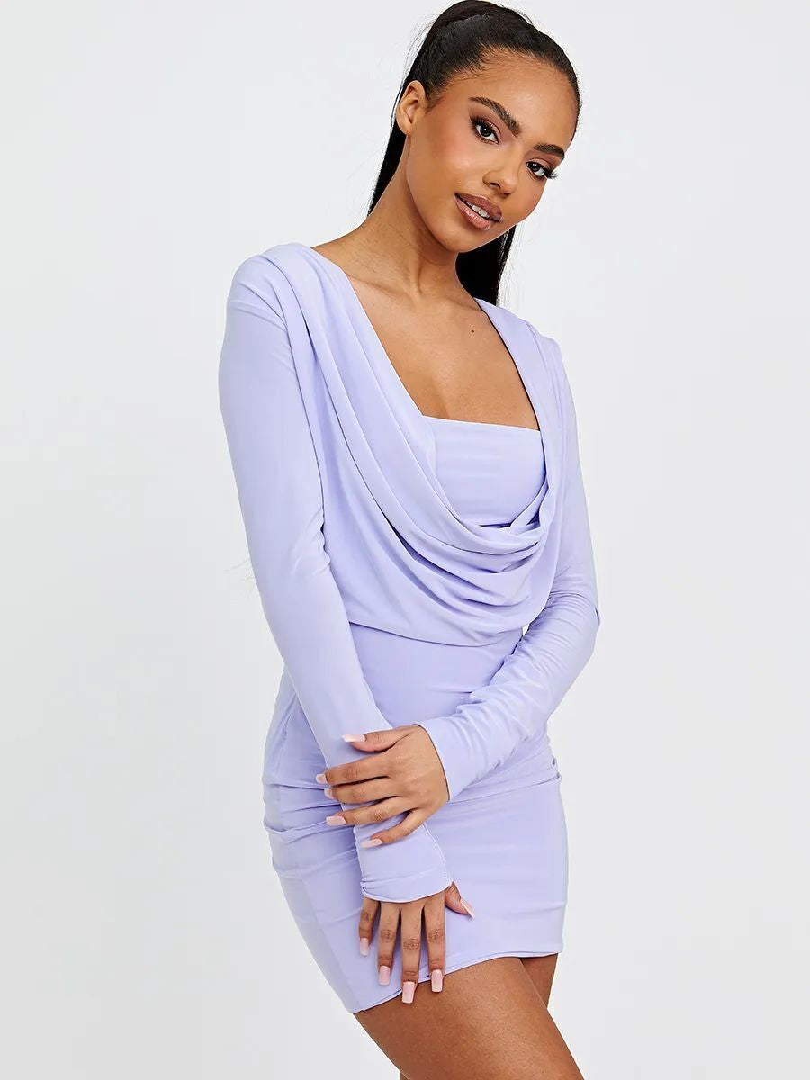 Womens Ladies Long Sleeves Sexy Ruched Slinky Drape Halter Cowl Party Mini Dress