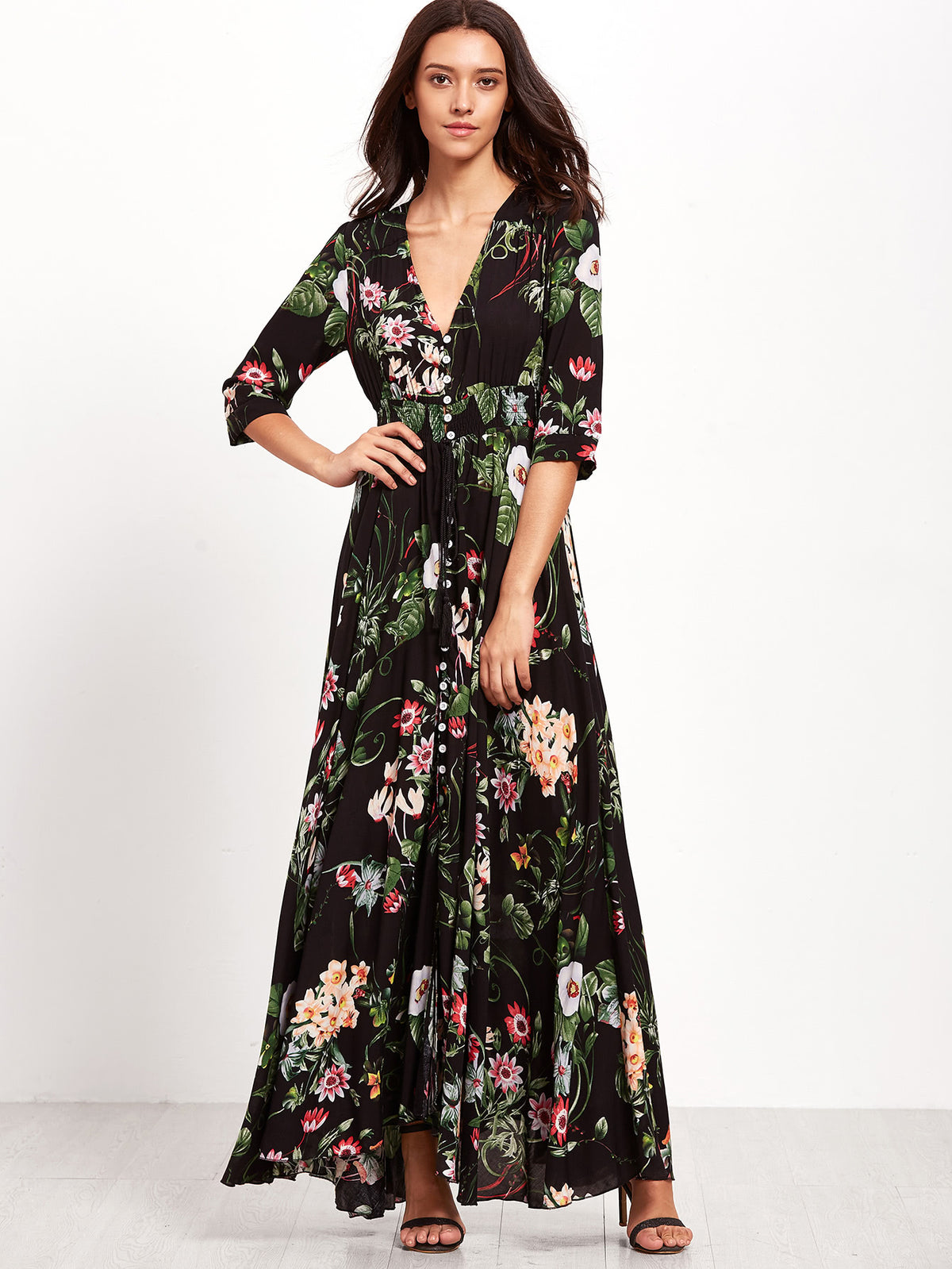 Shirred Waist Button through Floral Maxi Dress