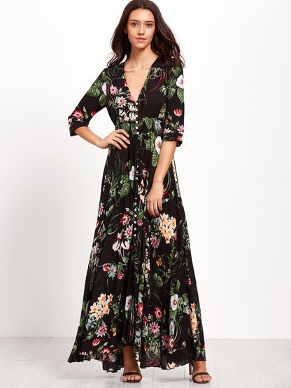 Shirred Waist Button through Floral Maxi Dress