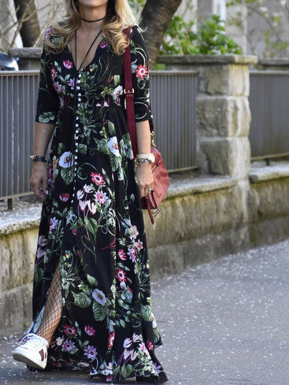 Shirred Waist Button through Floral Maxi Dress