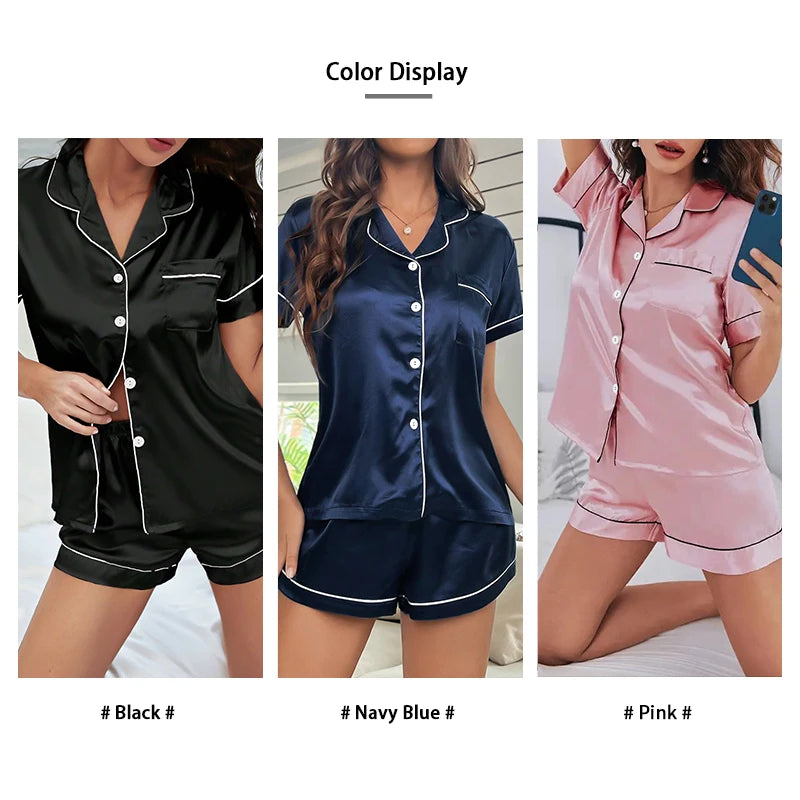 Summer Silk Satin Women Pajamas Set Button down Top & Shorts 2 Pieces Sleepwear Notched Collar Nightwear Loungewear for Women