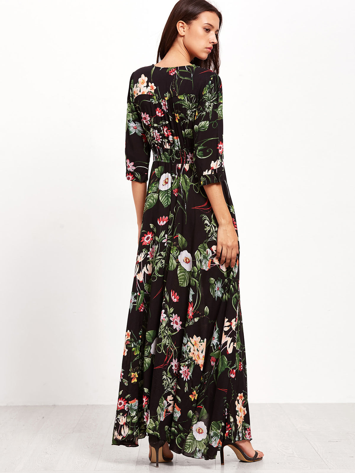 Shirred Waist Button through Floral Maxi Dress