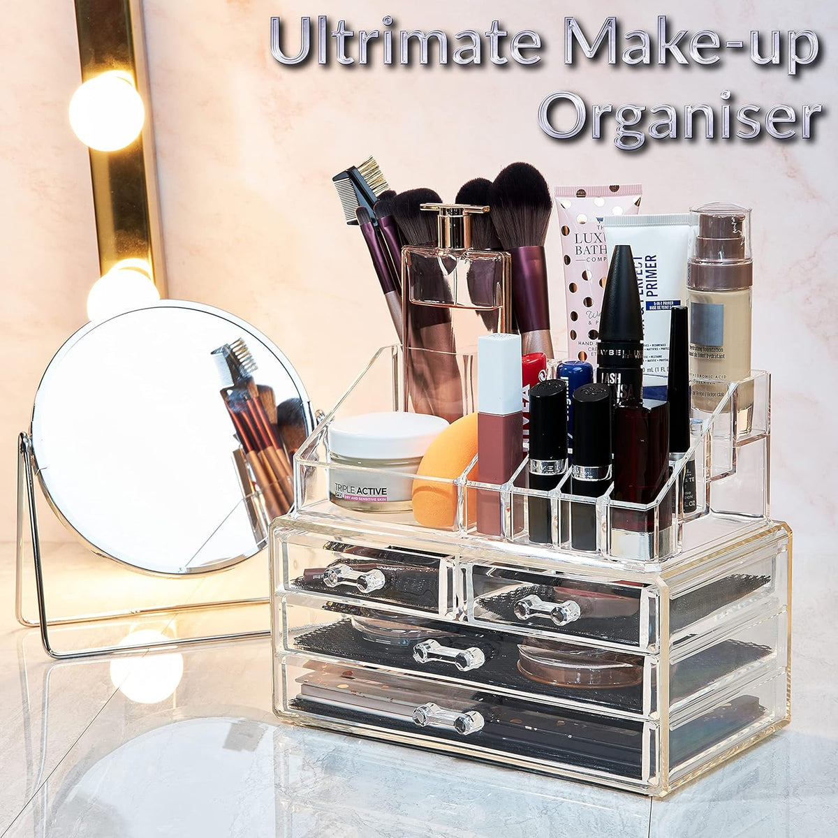 Make up Organiser for Women Teenagers Acrylic Drawers Makeup Storage 12Cm X 24Cm X 22Cm Clear Bathroom Bedroom Dressing Table Organiser Jewellery Beauty Skincare 4 Tier Cosmetic Storage Box