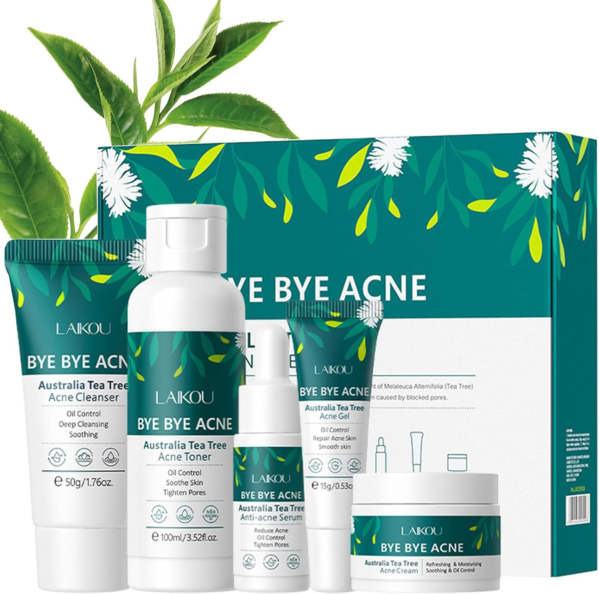 Tea Tree Skincare Set Gifts for Women & Men, Acne Treatment Tea Tree Oil Spot and Blackheads Remover Includes-Cleaner,Face Serum, Acne Gel,Toner,Moisturiser for Acne Removal Oil Control